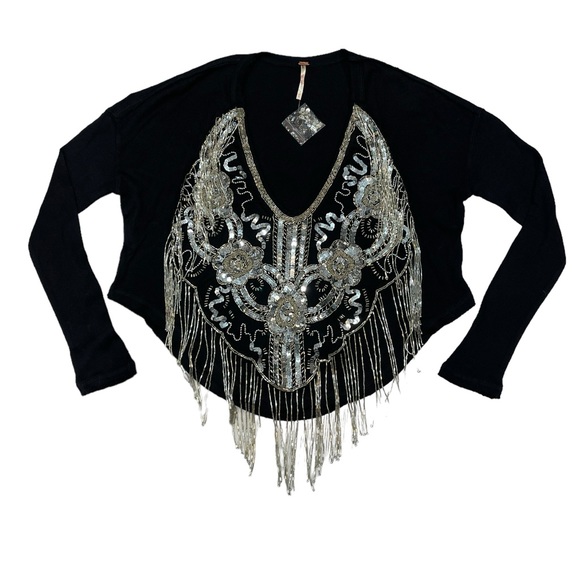 ⚡️SOLD⚡️Free People Mesh Sequin Beaded Fringe Black Long Sleeve Top - Picture 2 of 15